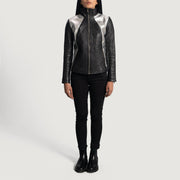 Vue détaillée of High Neck &amp; Zipper Hardware on Women's Alia Metallic Black Leather Biker Jacket