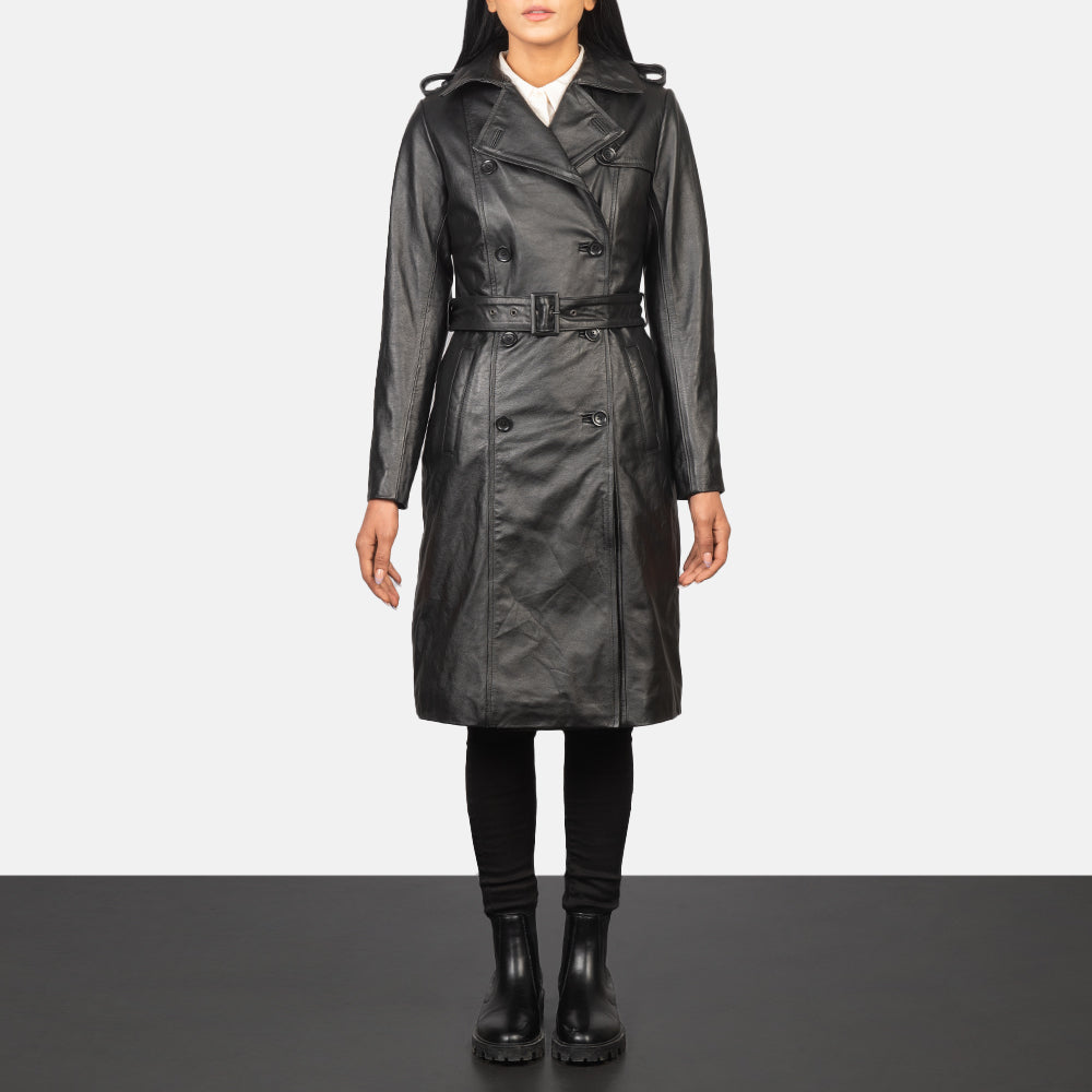 
Alice Black Double Breasted Leather Coat in Black Cowhide Leather - Vue de face & silhouette ajustée | Acheter en ligne