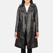 
Alice Black Double Breasted Leather Coat - Vue de profil mettant en valeur la coupe de manche ergonomique