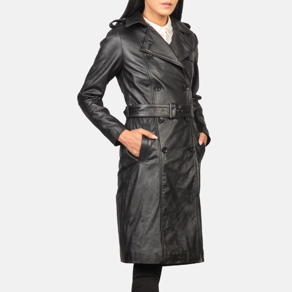 
Vue détaillée of Notch & Buttons Hardware on Alice Black Double Breasted Leather Coat