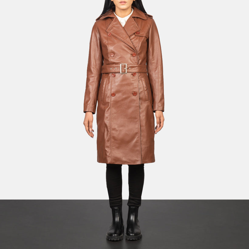 Alice Marron Double Breasted Manteau en Cuir pour Femme