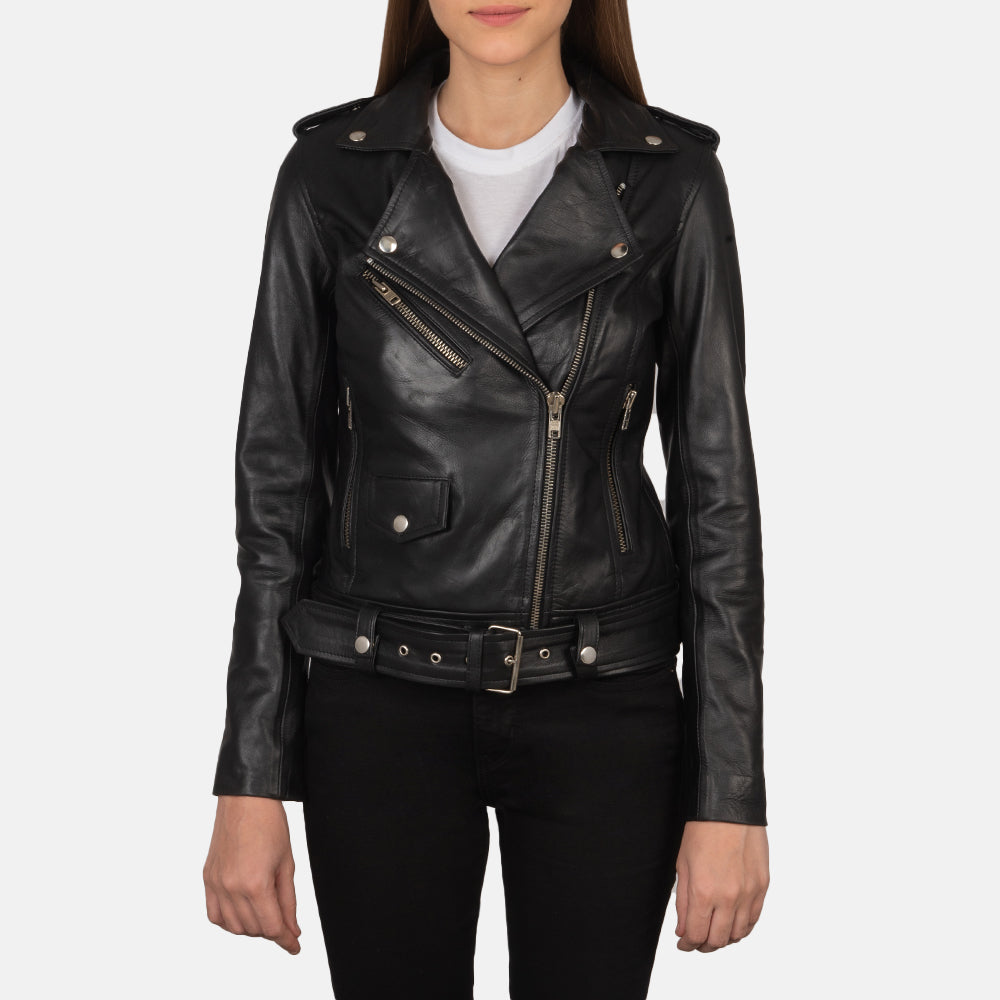 Women's Alison Noir Veste Motard en Cuir pour Femme in Black Cowhide Leather - Vue de face &amp; silhouette ajustée | Acheter en ligne