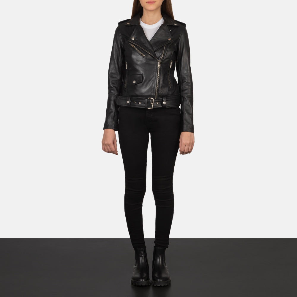 Women's Alison Noir Veste Motard en Cuir pour Femme - Vue de profil avec coupe de manche ergonomique