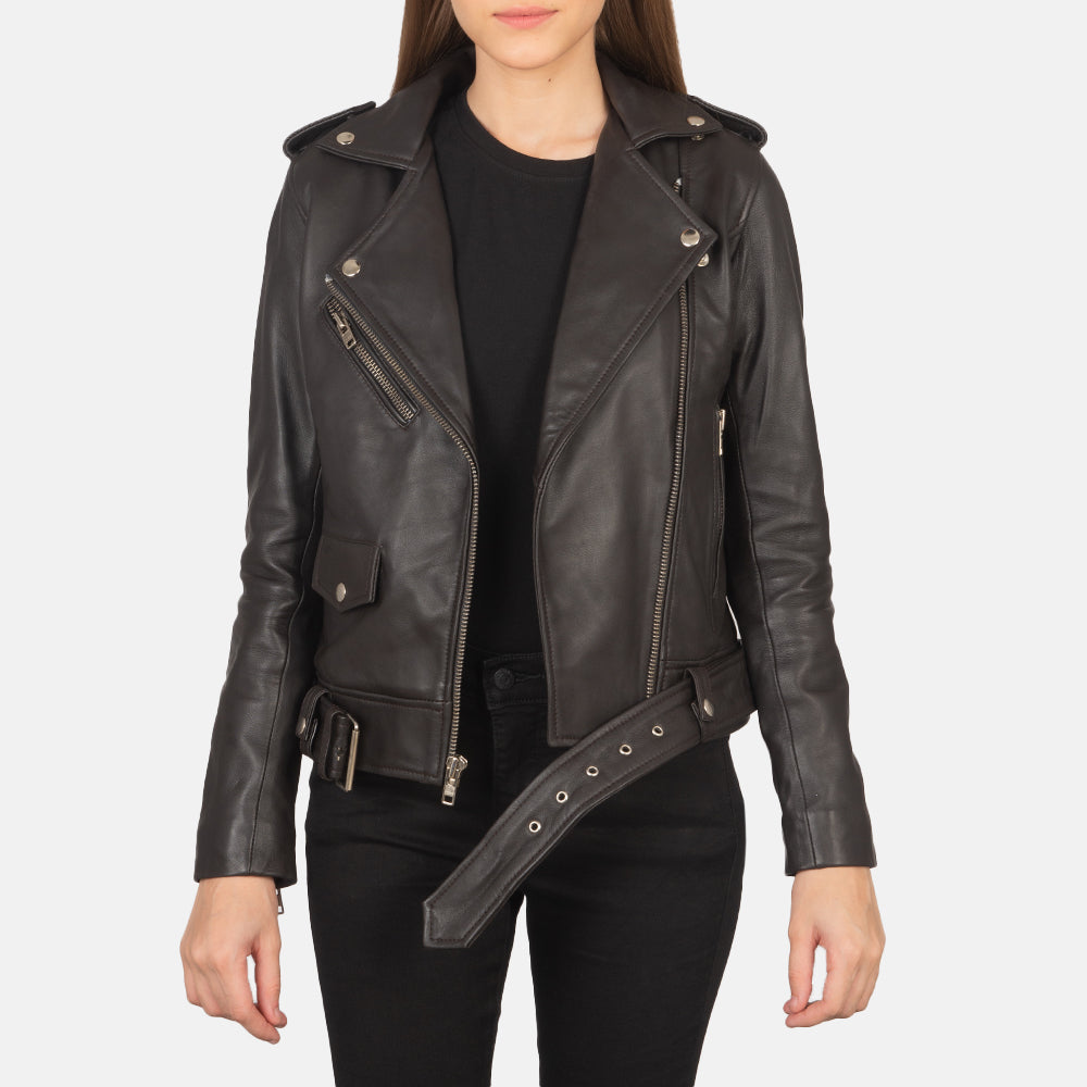 Women's Alison Brown Leather Biker Jacket in Brown Sheepskin Leather - Vue de face &amp; silhouette ajustée | Acheter en ligne