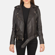 Women's Alison Brown Leather Biker Jacket in Brown Sheepskin Leather - Vue de face &amp; silhouette ajustée | Acheter en ligne