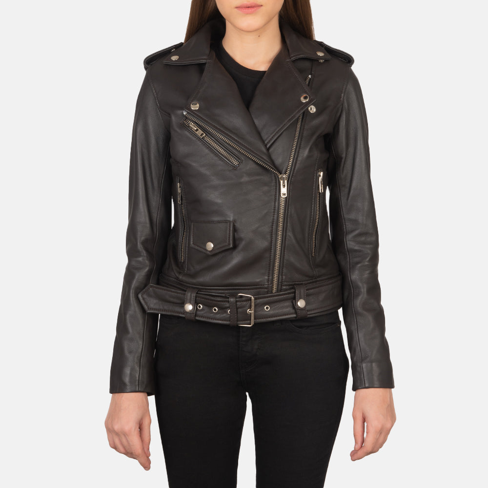 Vue détaillée of Notch &amp; Zipper Hardware on Women's Alison Brown Leather Biker Jacket