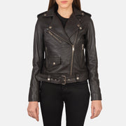 Vue détaillée of Notch &amp; Zipper Hardware on Women's Alison Brown Leather Biker Jacket