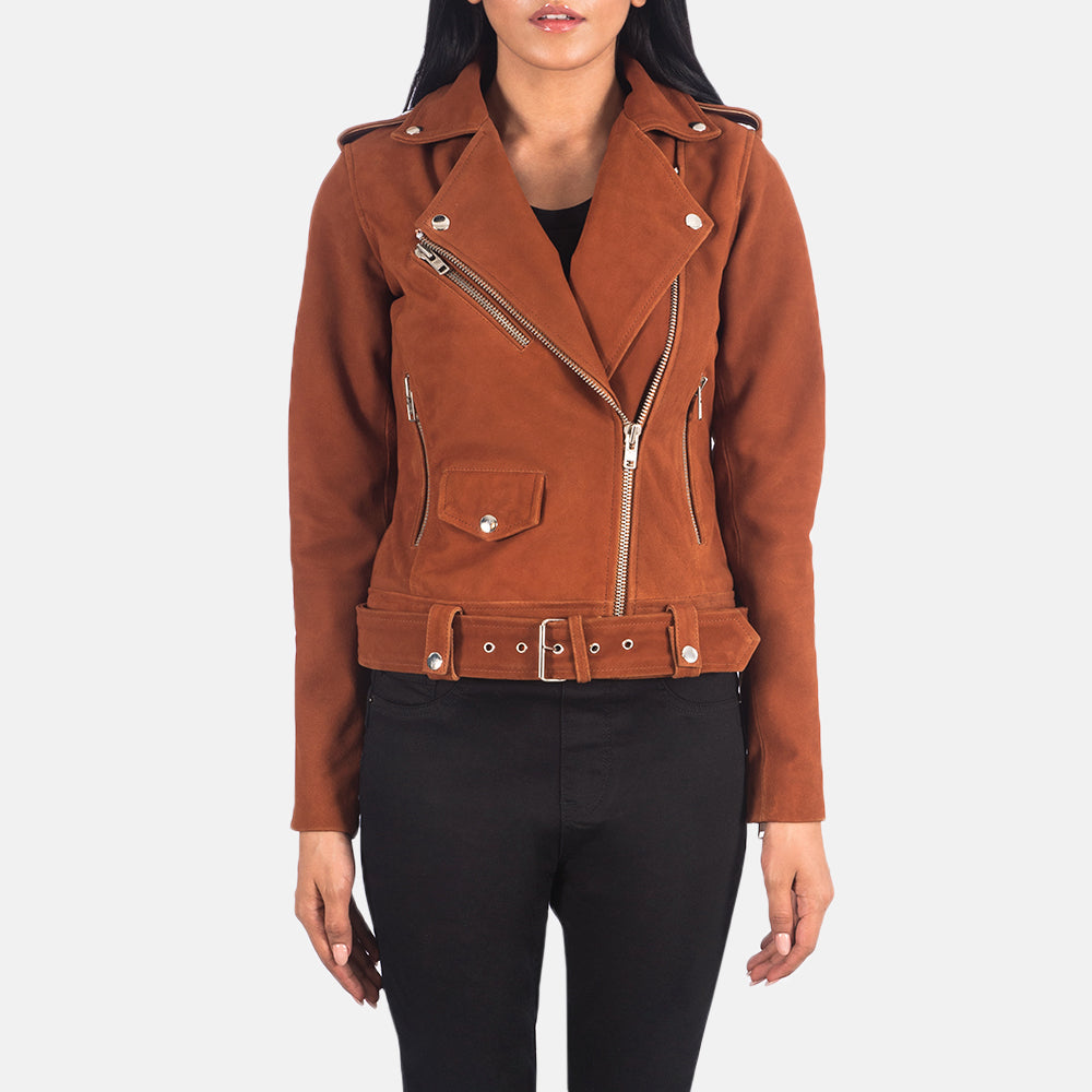Women's Alison Brown Suede Biker Jacket in Brown Goatskin Suede - Vue de face &amp; silhouette ajustée | Acheter en ligne