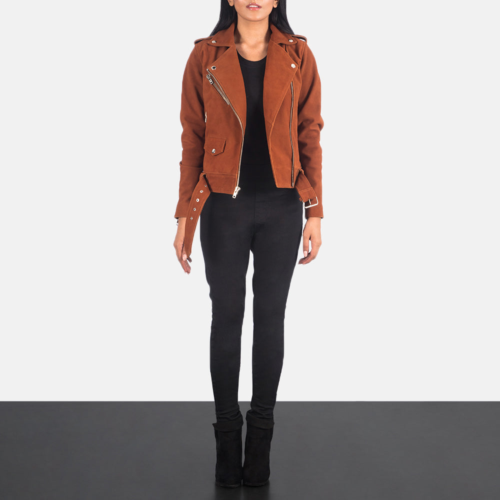 Women's Alison Brown Suede Biker Jacket - Vue de profil avec coupe de manche ergonomique