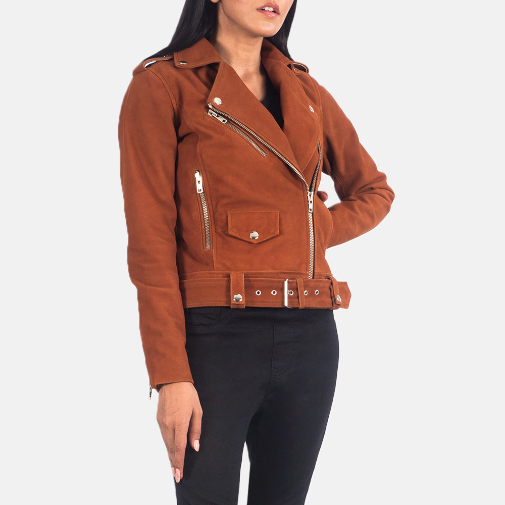 Vue détaillée of Notch &amp; Zipper Hardware on Women's Alison Brown Suede Biker Jacket