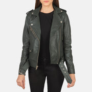 
Alison Vert Veste Motard en Cuir pour Femme in Green Sheepskin Leather - Vue de face & silhouette ajustée | Acheter en ligne
