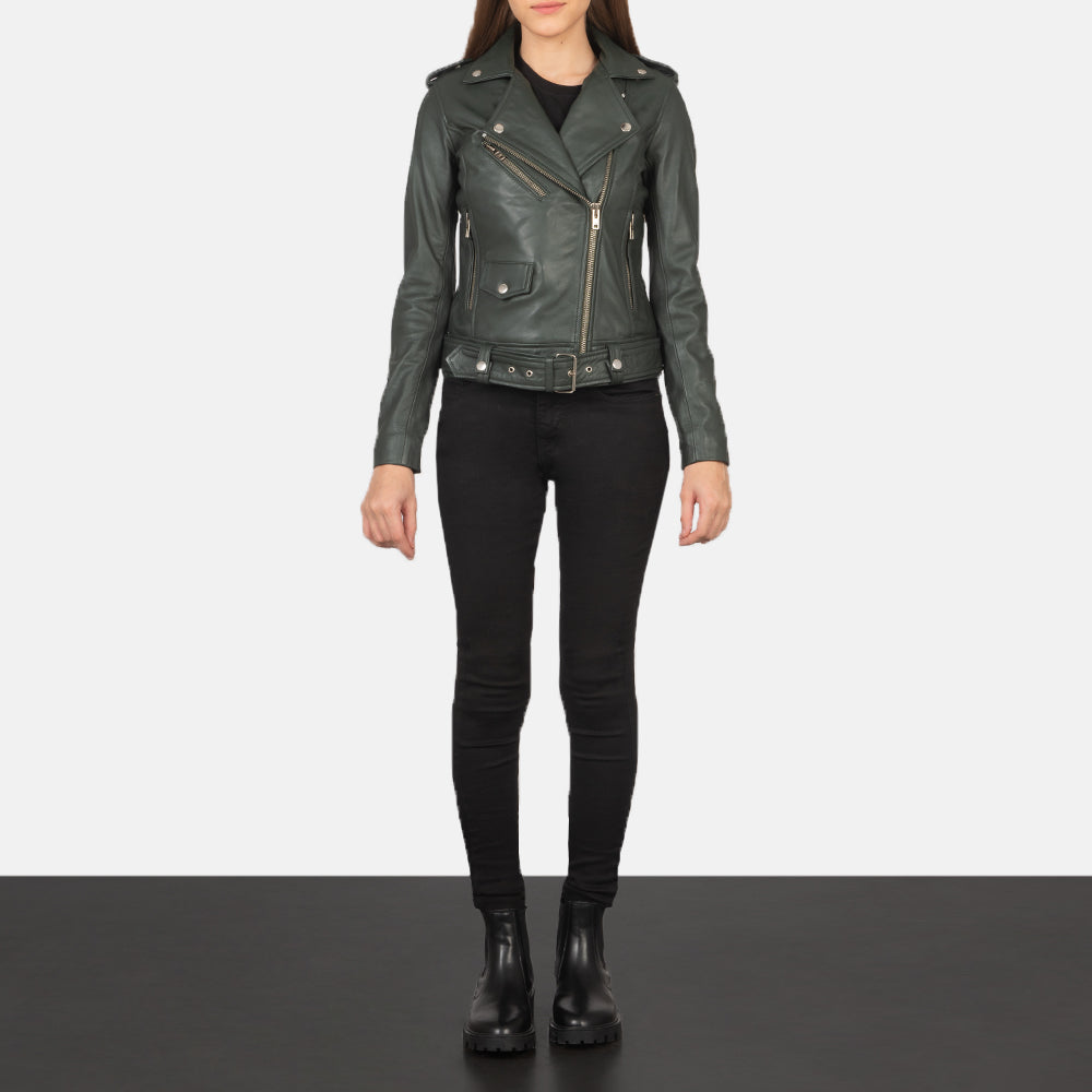 
Alison Vert Veste Motard en Cuir pour Femme - Vue de profil mettant en valeur la coupe de manche ergonomique