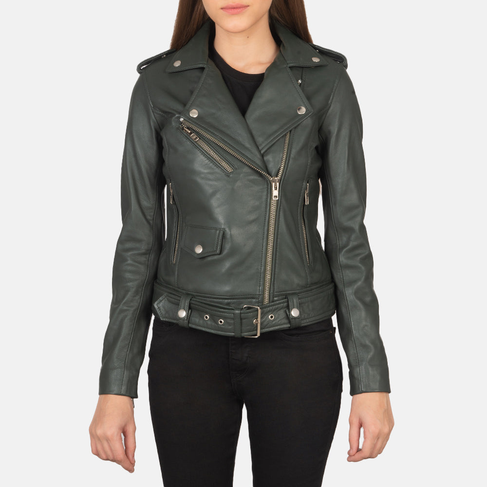 
Vue détaillée of Notch & Zipper Hardware on Alison Vert Veste Motard en Cuir pour Femme