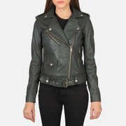 
Vue détaillée of Notch & Zipper Hardware on Alison Vert Veste Motard en Cuir pour Femme