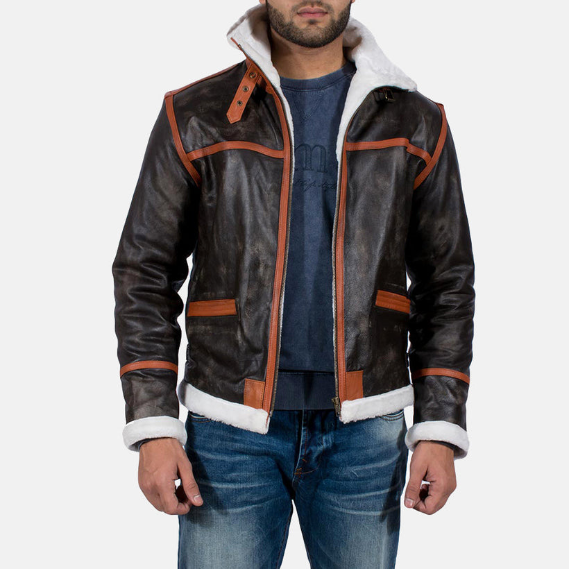 Distressed Brown Goatskin Leather Aviator Jacket - Back View Showing Tailored Shoulder Fit & Clean Hemline