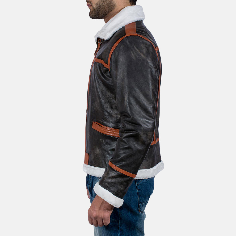 Vue détaillée of High neck with Belt &amp; Zipper Hardware on Men's Alpine Marron Fur Veste en Cuir pour Homme