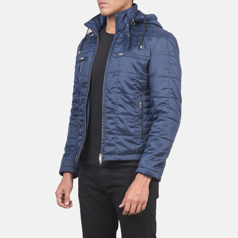 Alps Matelassé Bleu Hooded Windbreaker Veste en Cuir pour Homme