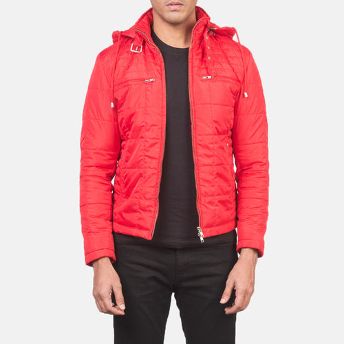 Men's Alps Quilted Red Windbreaker Jacket in Red Nylon - Front Profile View & Tailored Silhouette | Buy Online