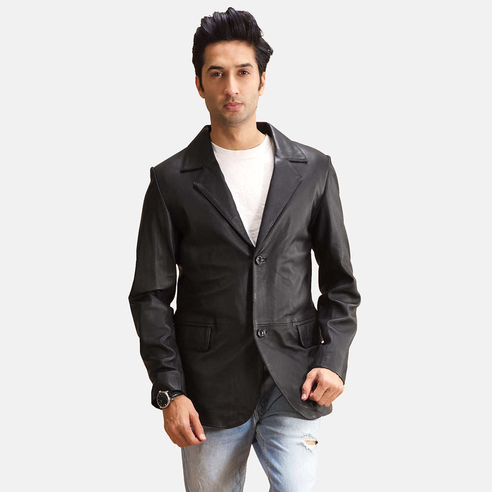 Alyson Noir Blazer en Cuir en Cuir pour Homme in Black Sheepskin Leather - Vue de face &amp; silhouette ajustée | Acheter en ligne