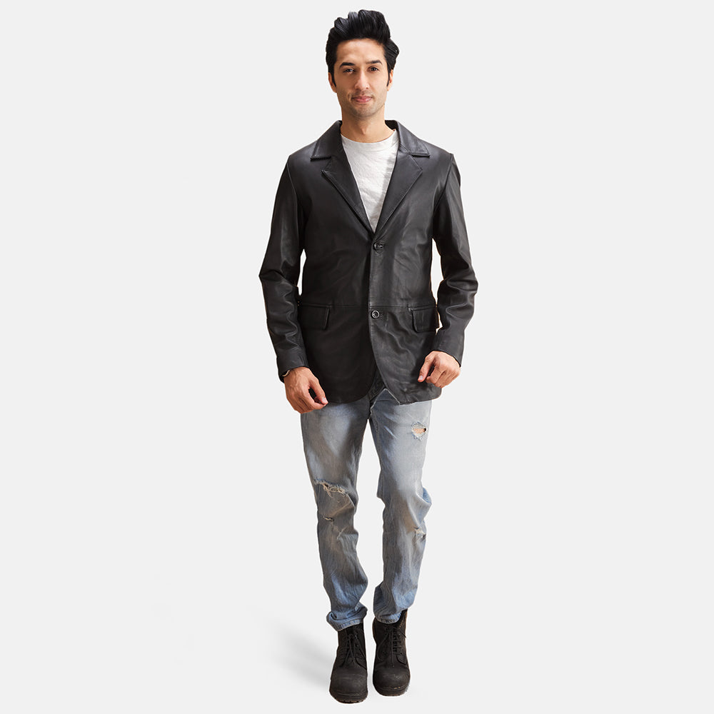Alyson Noir Blazer en Cuir en Cuir pour Homme - Vue de profil avec coupe de manche ergonomique