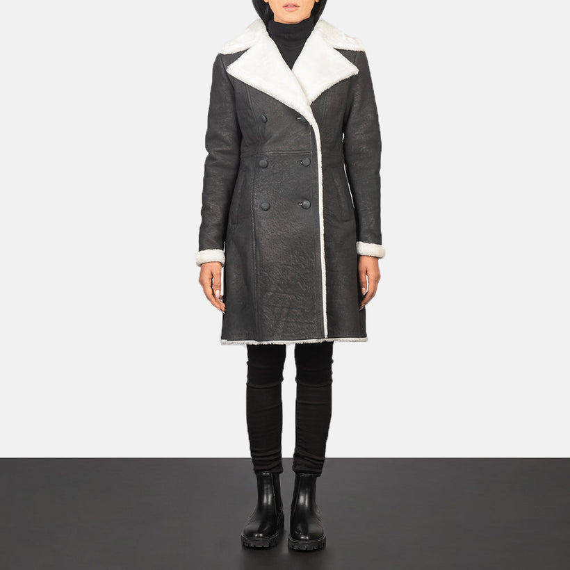 Amie Noir Double-Breasted Shearling Manteau en Cuir pour Femme