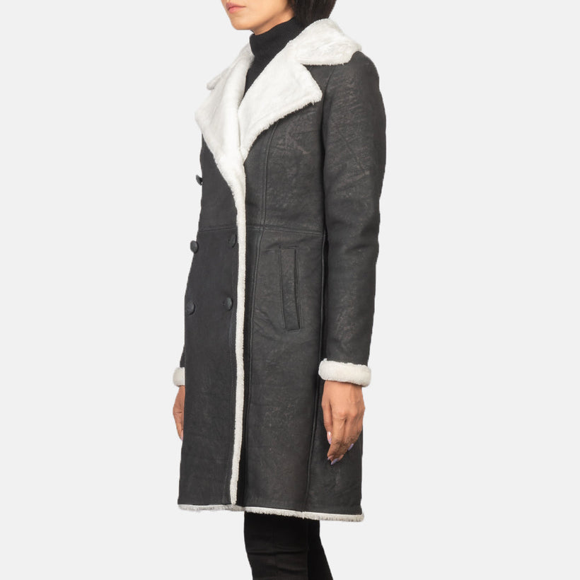 Amie Noir Double-Breasted Shearling Manteau en Cuir pour Femme