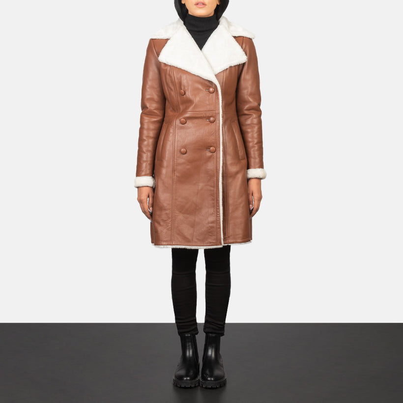 Amie Marron Double-Breasted Shearling Manteau en Cuir pour Femme
