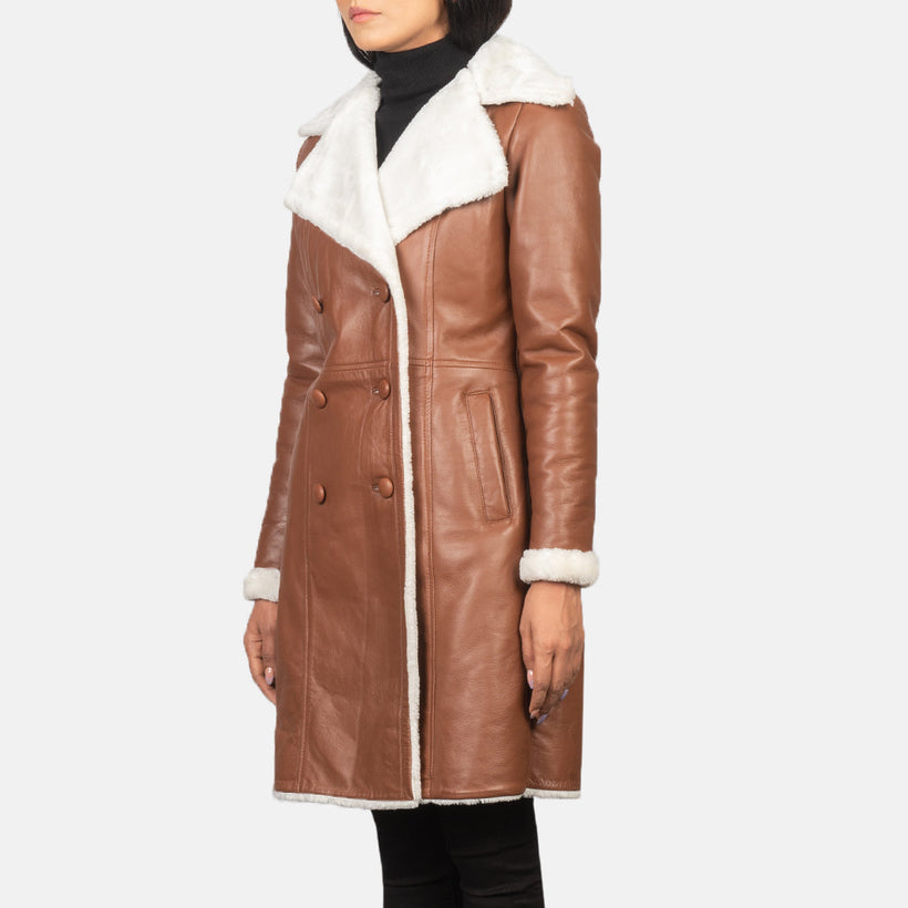 Amie Marron Double-Breasted Shearling Manteau en Cuir pour Femme