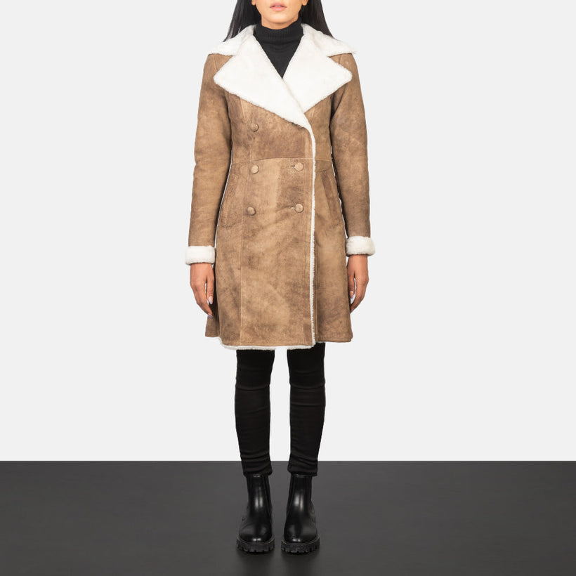 Amie Marron Vieilli Double-Breasted Shearling Manteau en Cuir pour Femme