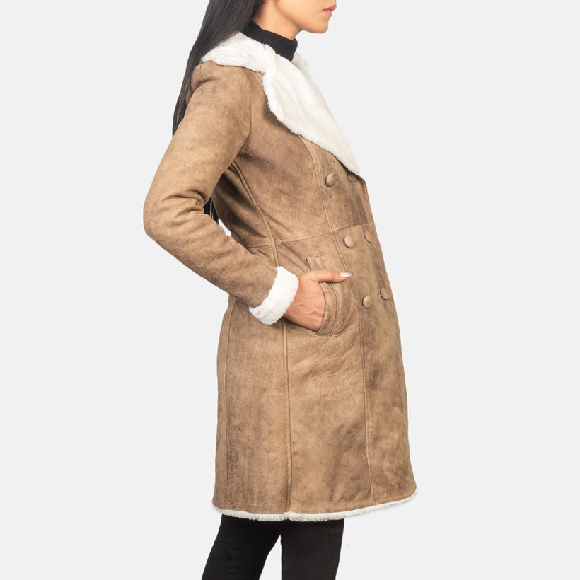Amie Marron Vieilli Double-Breasted Shearling Manteau en Cuir pour Femme
