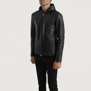 
Matte Black Sheepskin Leather Hooded Jacket - Vue arrière montrant la carrure ajustée et l'ourlet net