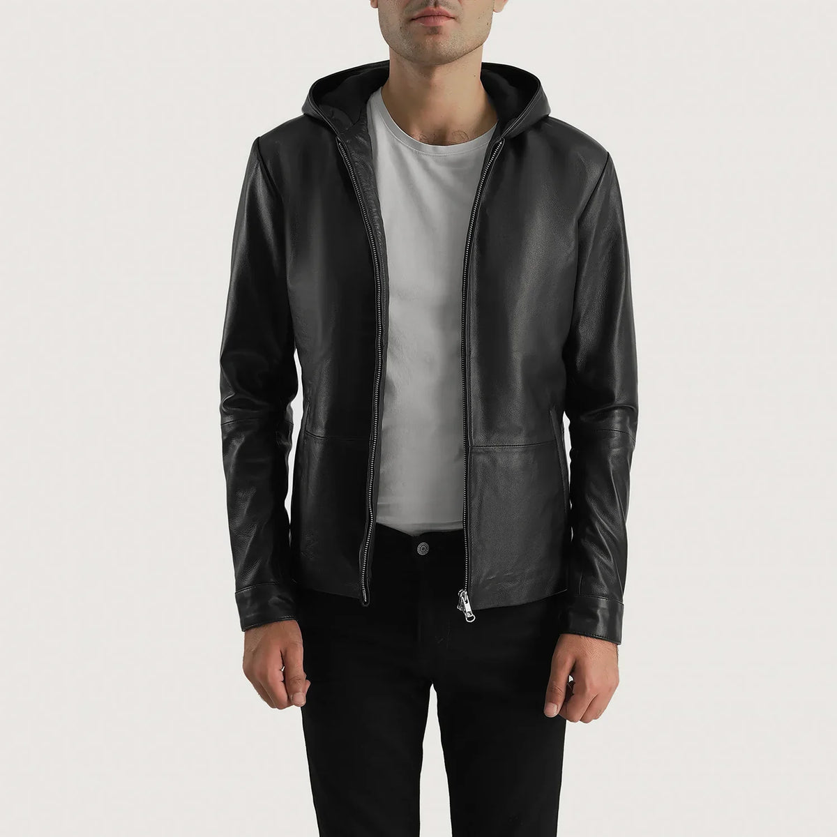 
Andy Matte Noir Hooded Veste en Cuir pour Homme - Vue de profil mettant en valeur la coupe de manche ergonomique