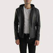 
Andy Matte Noir Hooded Veste en Cuir pour Homme - Vue de profil mettant en valeur la coupe de manche ergonomique