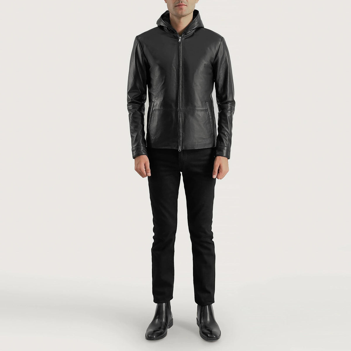 
Vue détaillée of Hooded & Zipper Hardware on Andy Matte Noir Hooded Veste en Cuir pour Homme