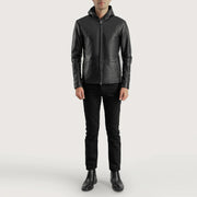 
Vue détaillée of Hooded & Zipper Hardware on Andy Matte Noir Hooded Veste en Cuir pour Homme