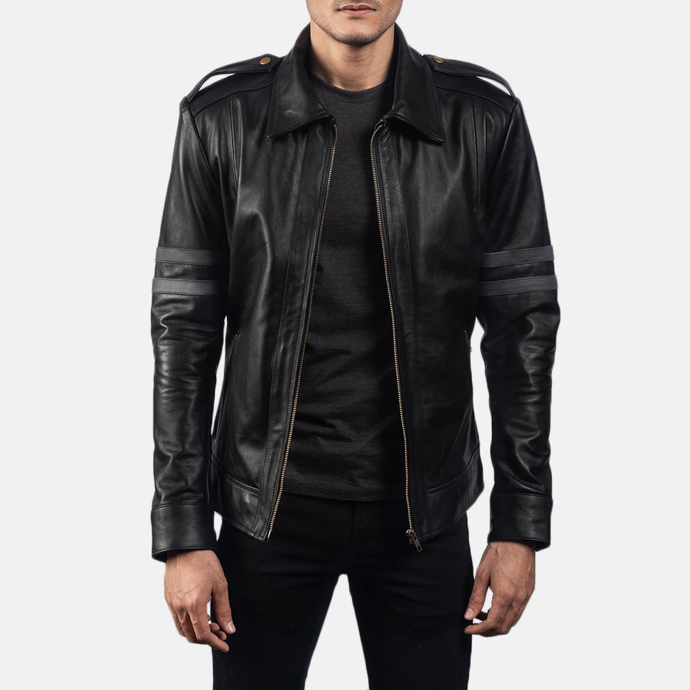 Vue détaillée of Shirt &amp; Zipper Hardware on Armstrong Noir Veste Motard en Cuir pour Homme