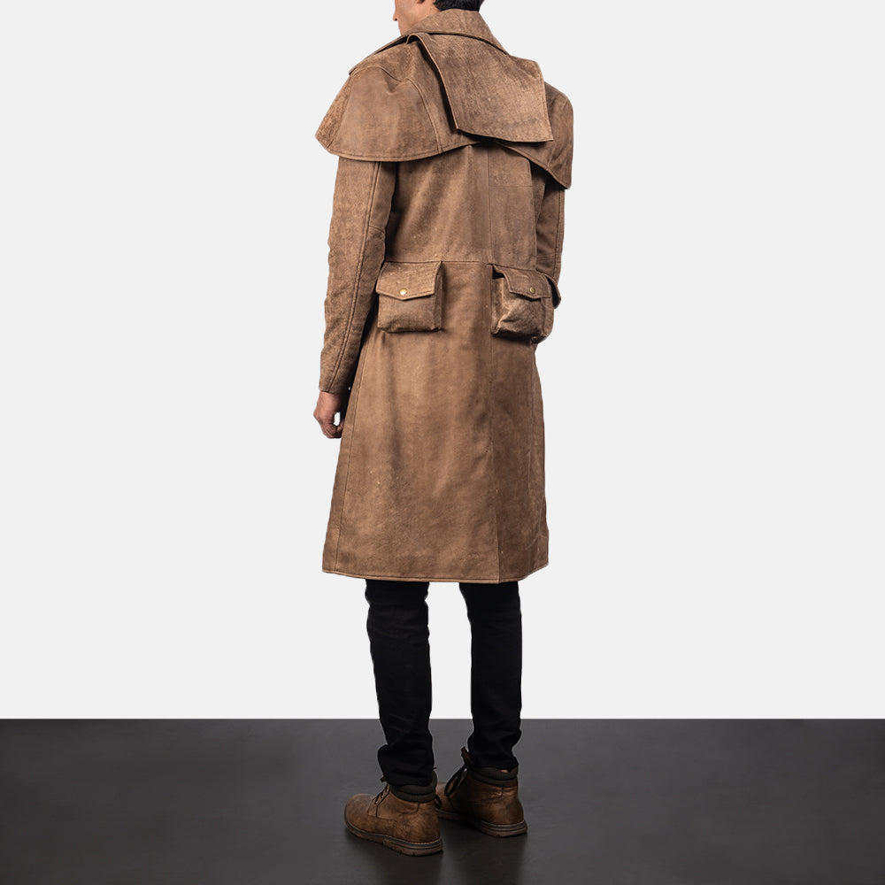 Men's Army Marron Leather Duster pour Homme - Vue de profil avec coupe de manche ergonomique