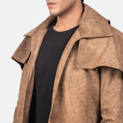 Vue détaillée of Classic Collar &amp; Heavy-Duty Zipper Hardware on Men's Army Marron Leather Duster pour Homme