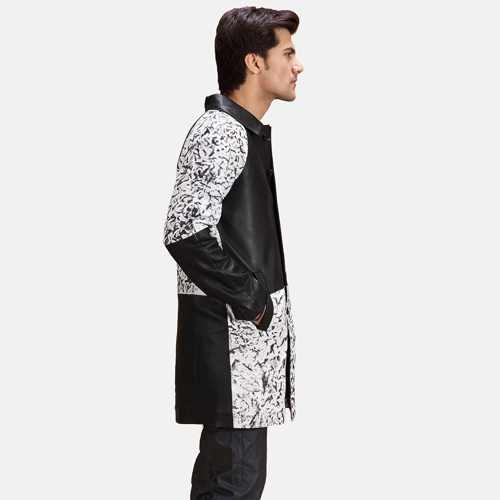 
Black & White Sheepskin Dip &Amp; Dye Leather Coat - Vue arrière montrant la carrure ajustée et l'ourlet net