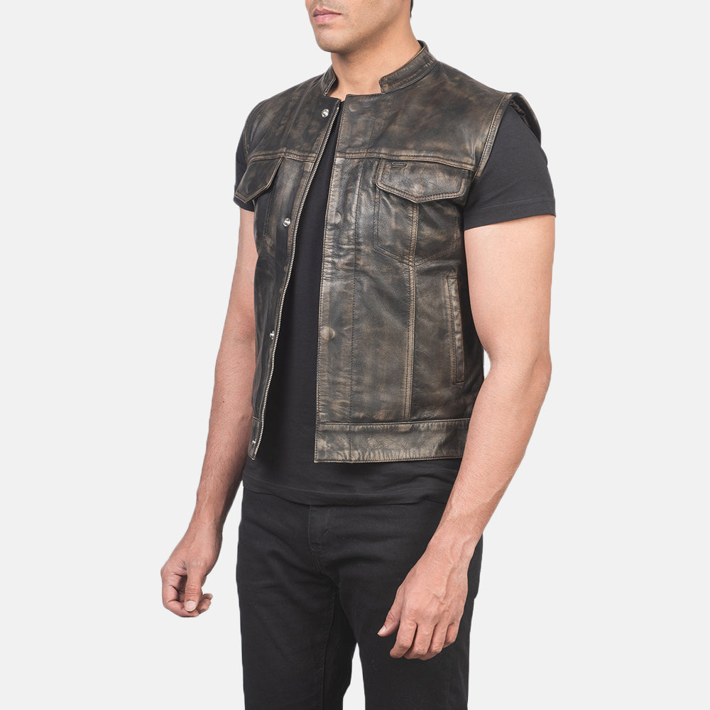 
Distressed Brown Sheepskin Leather Biker Jacket - Vue arrière montrant la carrure ajustée et l'ourlet net