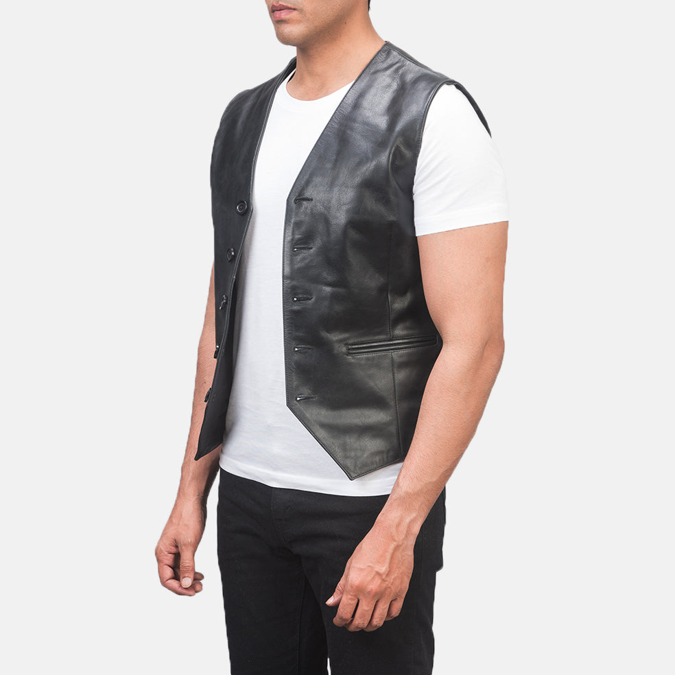 Black Cowhide leather Vest - Vue de dos avec coupe ajustée aux épaules &amp; ourlet soigné