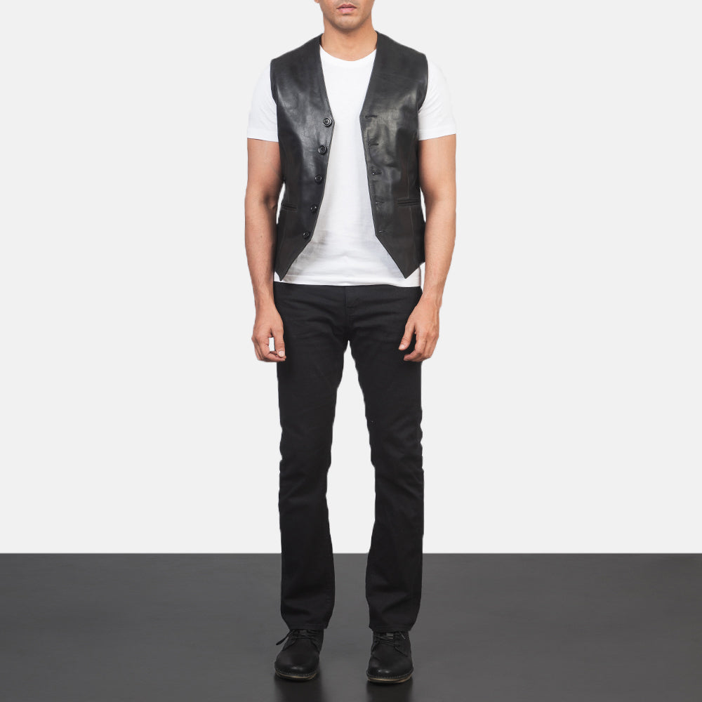 Men's Auden Noir Gilet en Cuir pour Homme - Vue de profil avec coupe de manche ergonomique