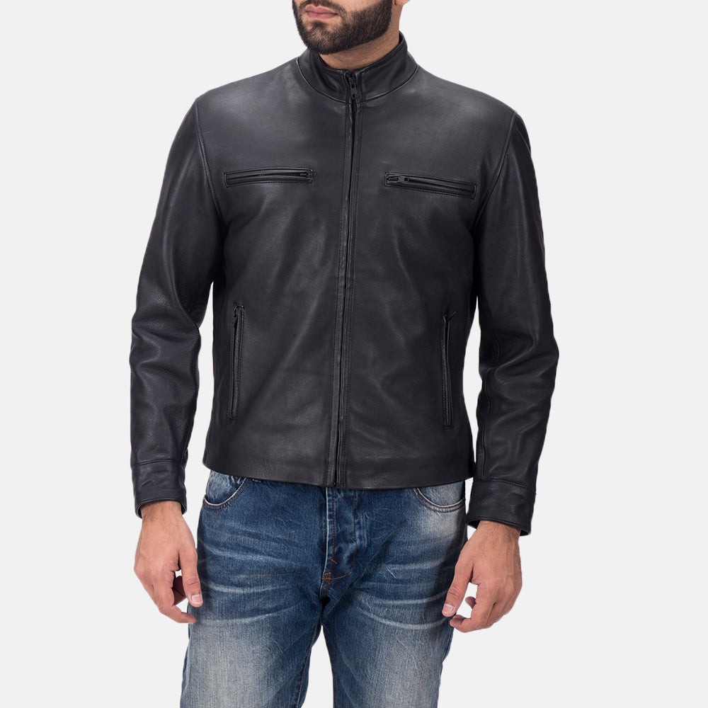 Austere Matte Noir Veste Motard en Cuir pour Homme in Black Calfskin Matte - Vue de face &amp; silhouette ajustée | Acheter en ligne