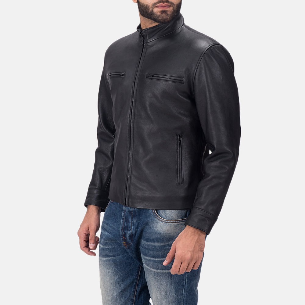 Black Calfskin Matte Biker Jacket - Vue de dos avec coupe ajustée aux épaules &amp; ourlet soigné