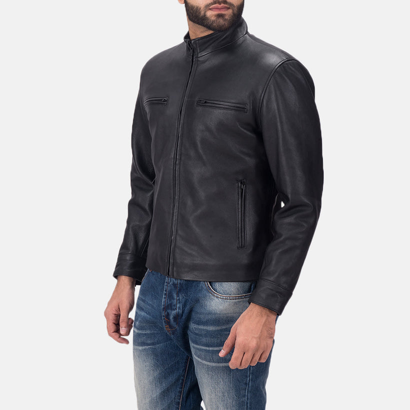 Austere Matte Noir Veste Motard en Cuir pour Homme
