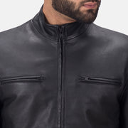 Vue détaillée of High neck &amp; Zipper Hardware on Austere Matte Noir Veste Motard en Cuir pour Homme