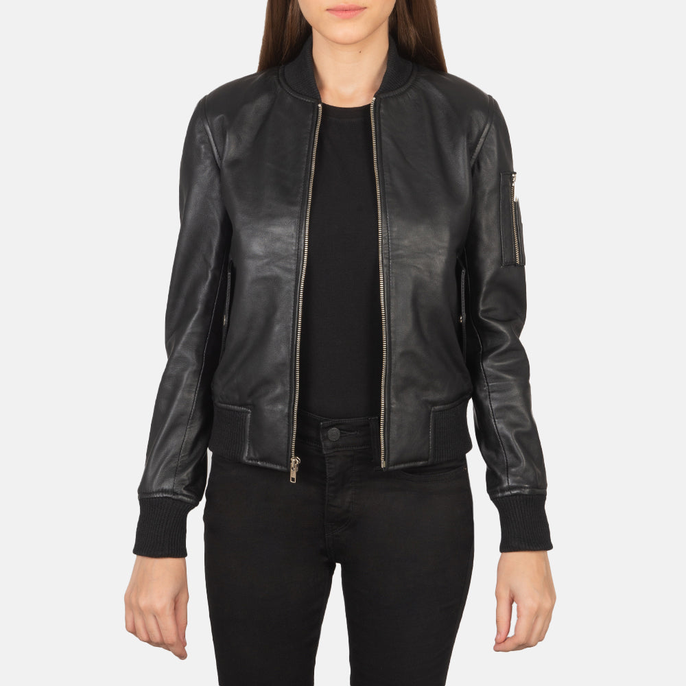 Women's Ava Ma-1 Black Leather Bomber Jacket in Black Sheepskin Leather - Vue de face &amp; silhouette ajustée | Acheter en ligne