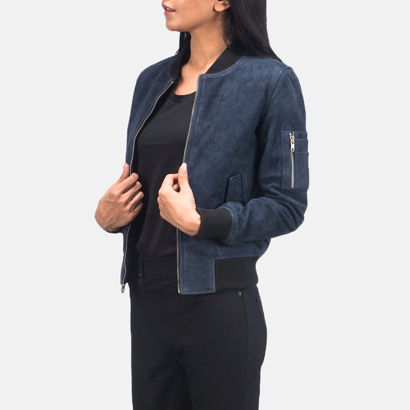 Ava MA-1 Bleu Suede Blouson Bomber en Cuir pour Femme