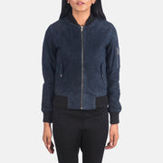 Vue détaillée of Rib Knit &amp; Zipper Hardware on Women's Ava Ma-1 Blue Suede Bomber Jacket