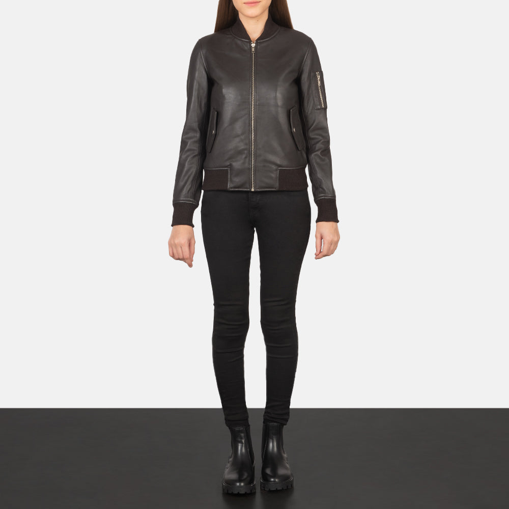 Women's Ava Ma-1 Brown Leather Bomber Jacket - Vue de profil avec coupe de manche ergonomique